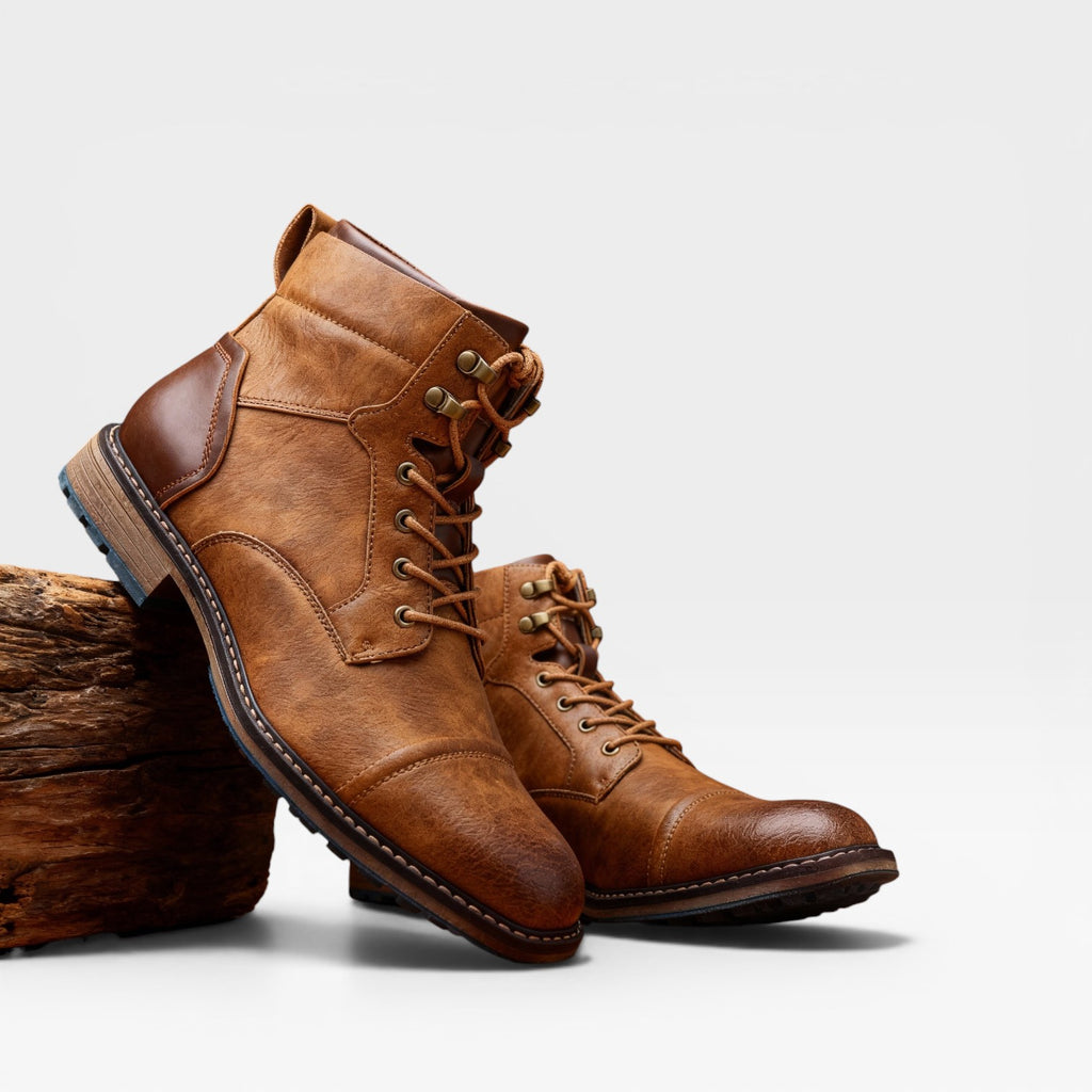 Men's Vintage Leather Combat Boots – Classic Cap Toe Lace Up Ankle Shoes