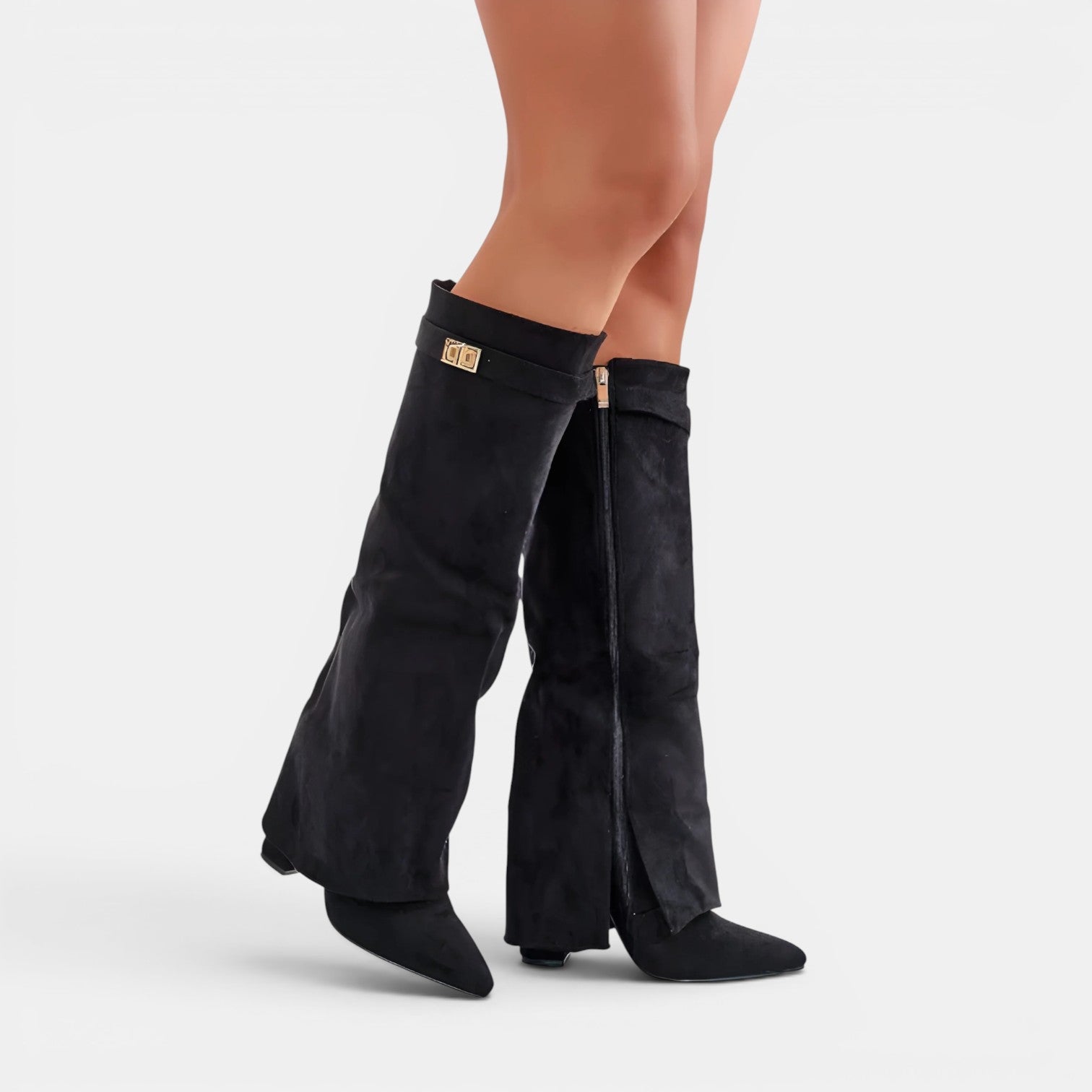 Bottes pantalons repliables pour femmes – Style élégant à bout pointu en daim avec talon bloc montant jusqu’au genou