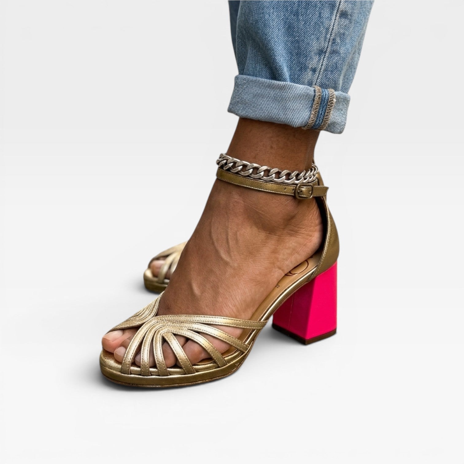 Women's Metallic Strappy Sandals – Color Block Heel Ankle Strap Shoes