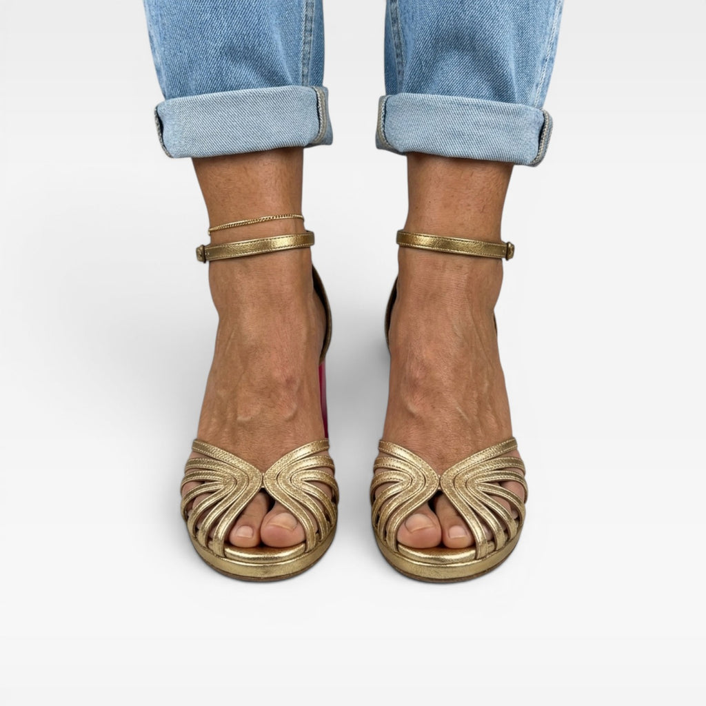Women's Metallic Strappy Sandals – Color Block Heel Ankle Strap Shoes