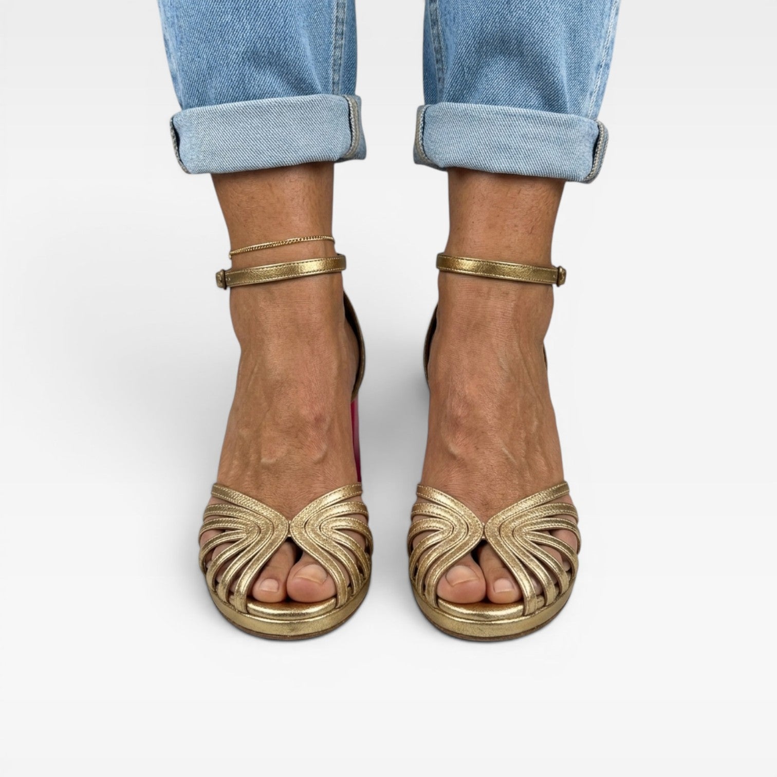 Women's Metallic Strappy Sandals – Color Block Heel Ankle Strap Shoes