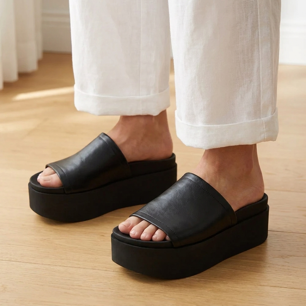 Women's Leather Flatform Slides – Minimalist Chunky Platform Sandals