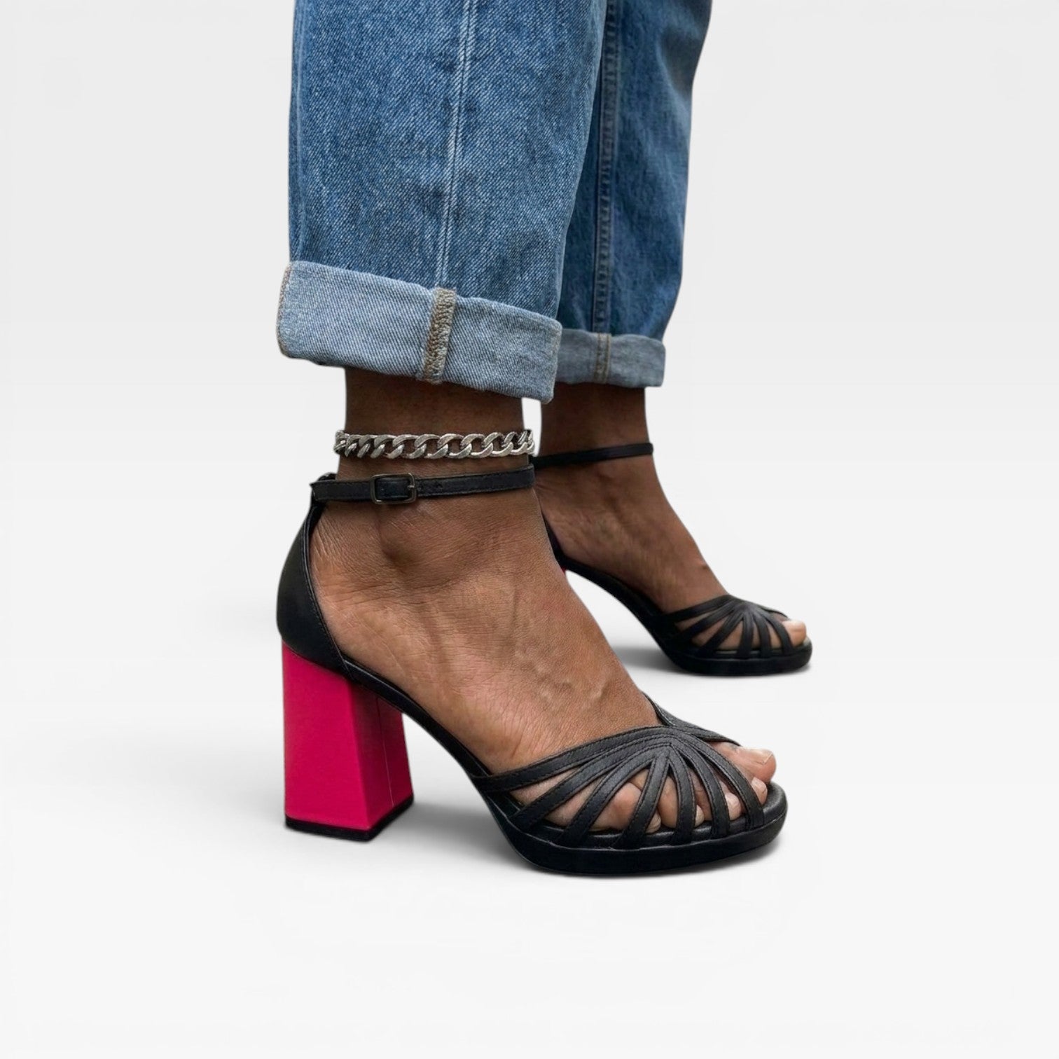 Women's Metallic Strappy Sandals – Color Block Heel Ankle Strap Shoes