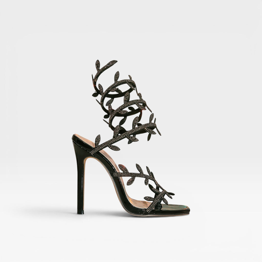 Women's Crystal Leaf Heels – Elegant Wrap Around Ankle Stiletto Sandals for Special Occasions