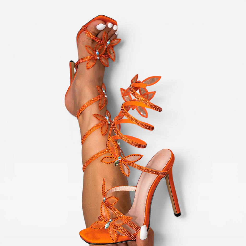 Escarpins papillon en cristal pour femmes – Sandales à talons aiguilles avec lanière spirale à la cheville pour occasions spéciales