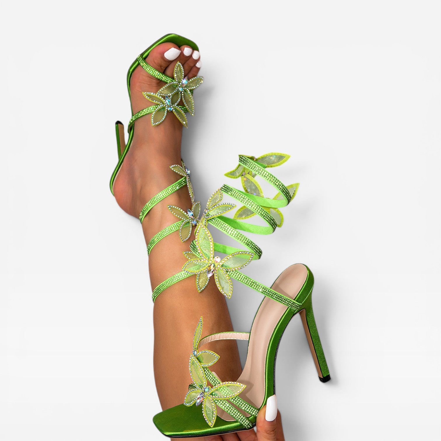 Escarpins papillon en cristal pour femmes – Sandales à talons aiguilles avec lanière spirale à la cheville pour occasions spéciales