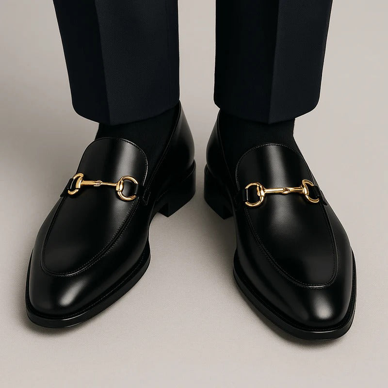 Men's Leather Horsebit Loafers – Elegant Gold Buckle Slip On Dress Shoes