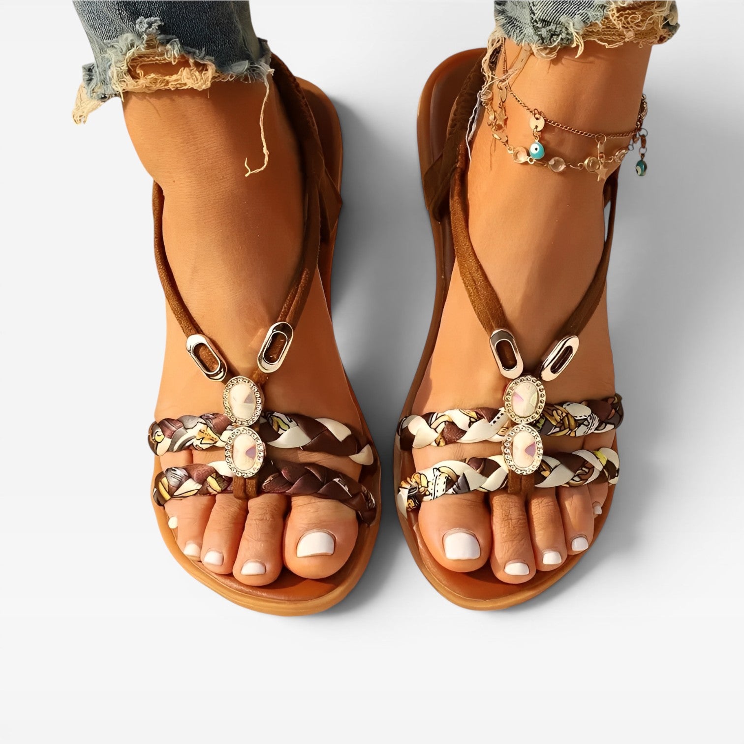 Women’s Boho Summer Sandals – Cushioned Walking Sole with Braided Detail