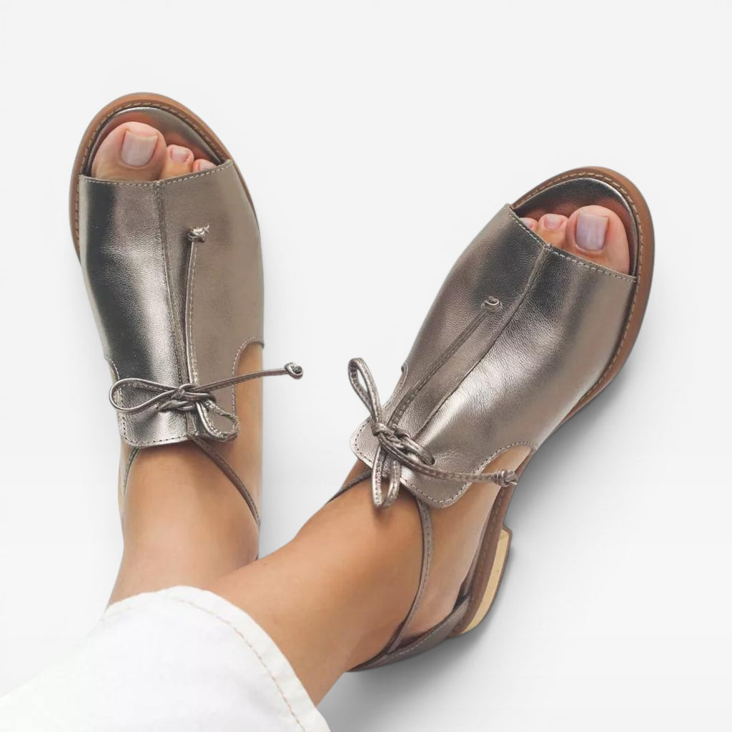 Women's Leather Peep Toe Sandals – Cushioned Comfort Ankle Tie Flats
