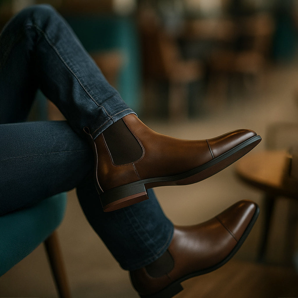 Men's Leather Chelsea Boots – Cap Toe Elastic Panel Pull Tab Ankle Boots