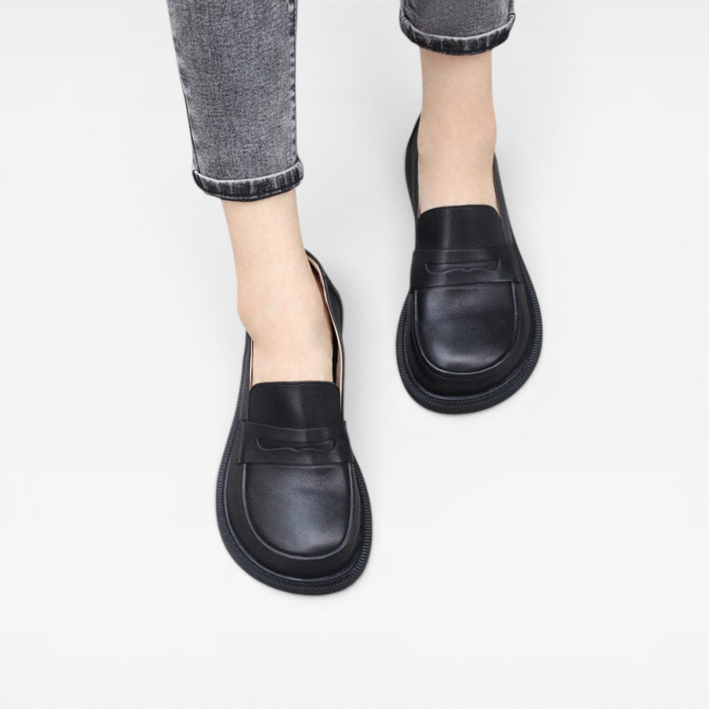 Mocassins penny en cuir véritable pour femmes – Chaussures classiques à enfiler à bout rond