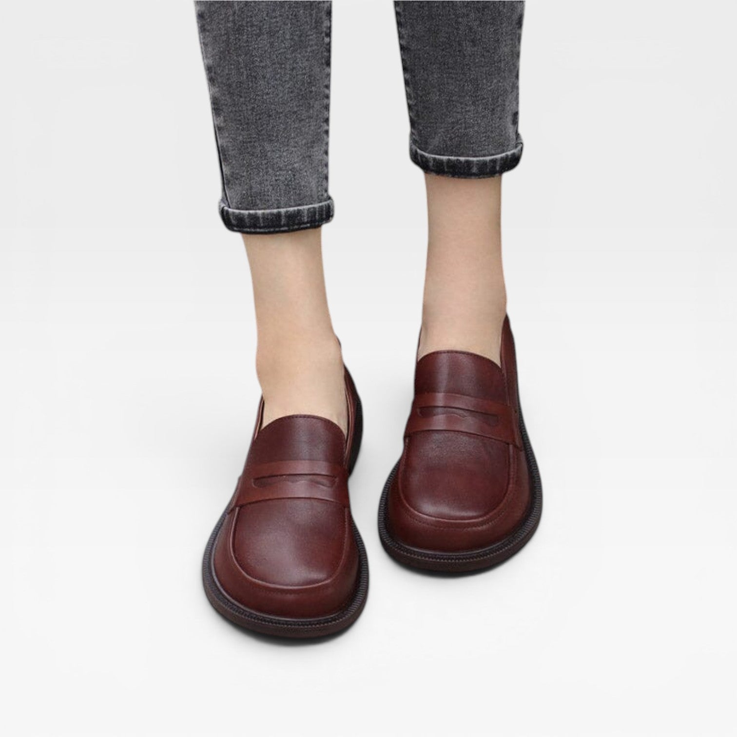 Mocassins penny en cuir véritable pour femmes – Chaussures classiques à enfiler à bout rond