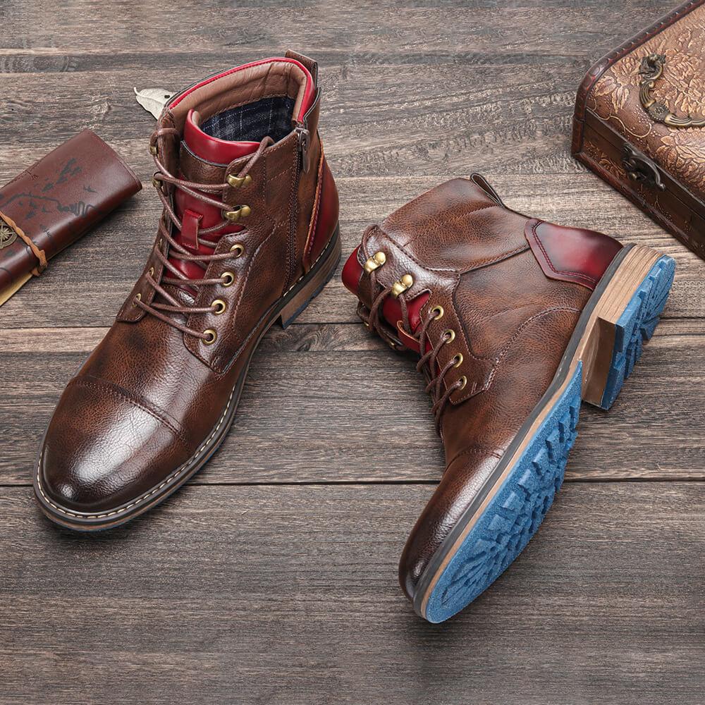 Men's Leather Cap Toe Boots – Contrast Sole Lace Up Ankle Boots