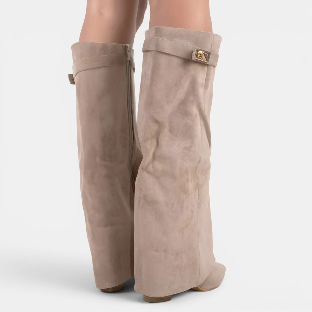Bottes pantalons repliables pour femmes – Style élégant à bout pointu en daim avec talon bloc montant jusqu’au genou