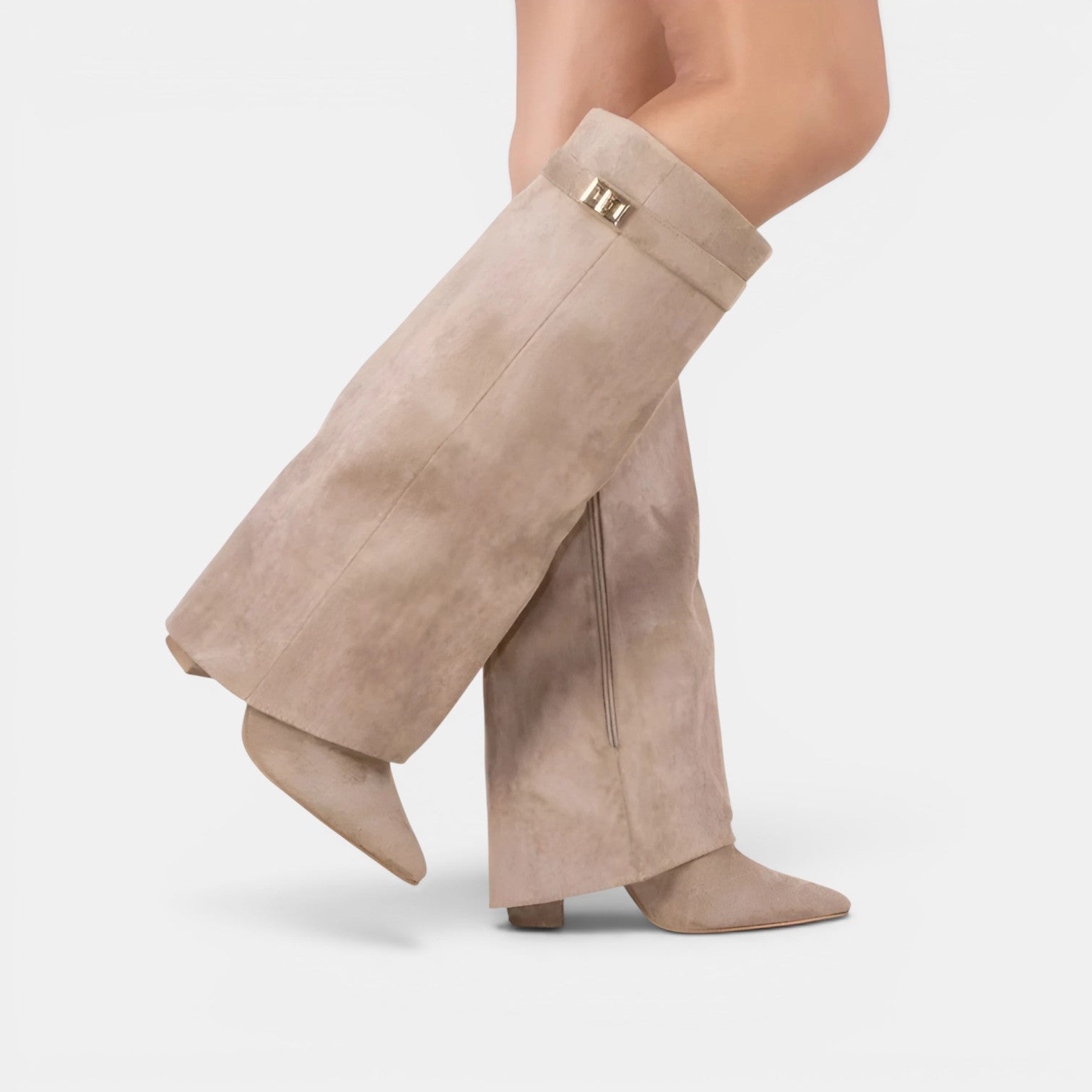 Bottes pantalons repliables pour femmes – Style élégant à bout pointu en daim avec talon bloc montant jusqu’au genou