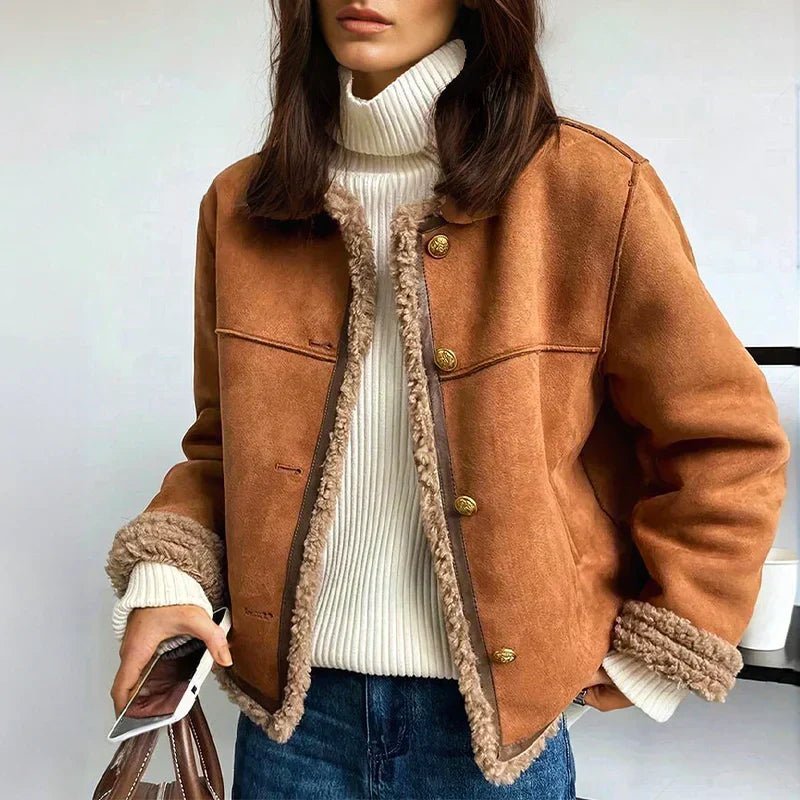 Women's Cosy Shearling-Trim Suede-Look Jacket