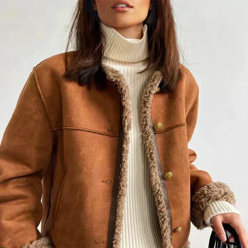 Women's Cosy Shearling-Trim Suede-Look Jacket