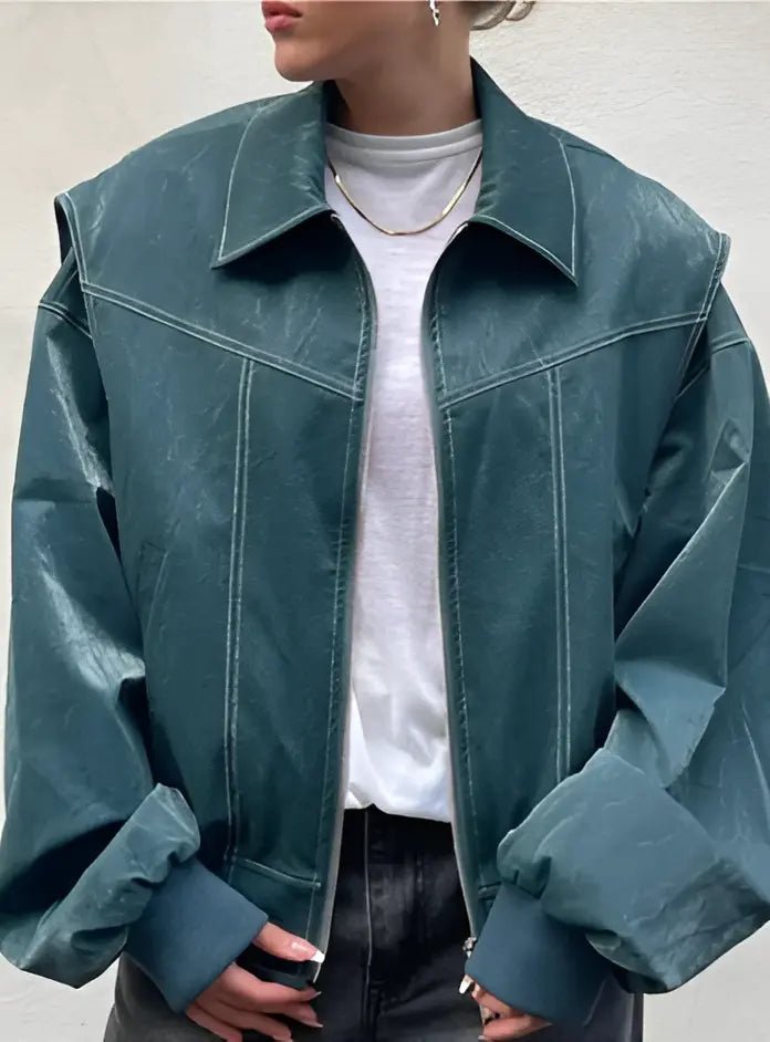 Women's Relaxed Oversized Faux Leather Bomber Jacket