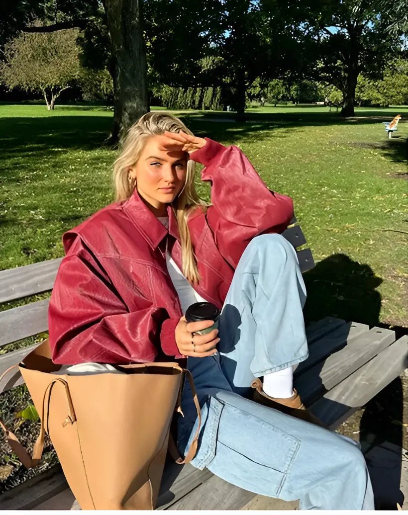 Women's Relaxed Oversized Faux Leather Bomber Jacket