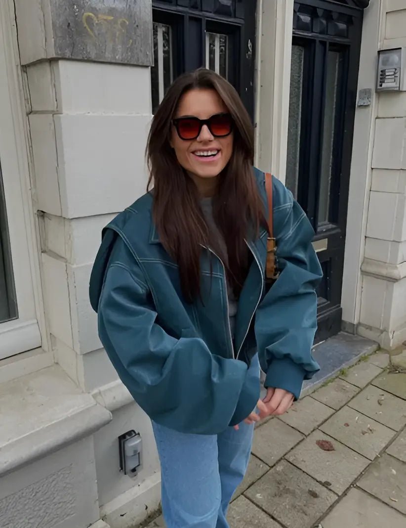 Women's Relaxed Oversized Faux Leather Bomber Jacket