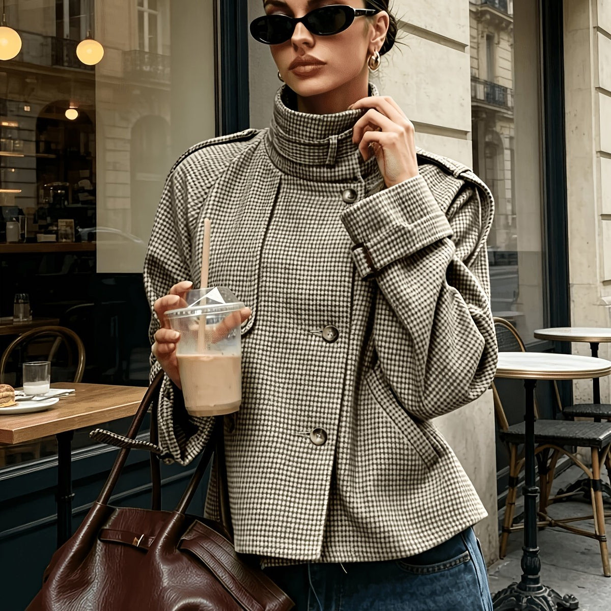 Women's Elegant Houndstooth Stand-Collar Cropped Jacket