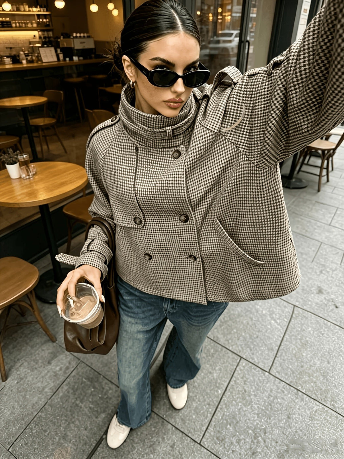Women's Elegant Houndstooth Stand-Collar Cropped Jacket