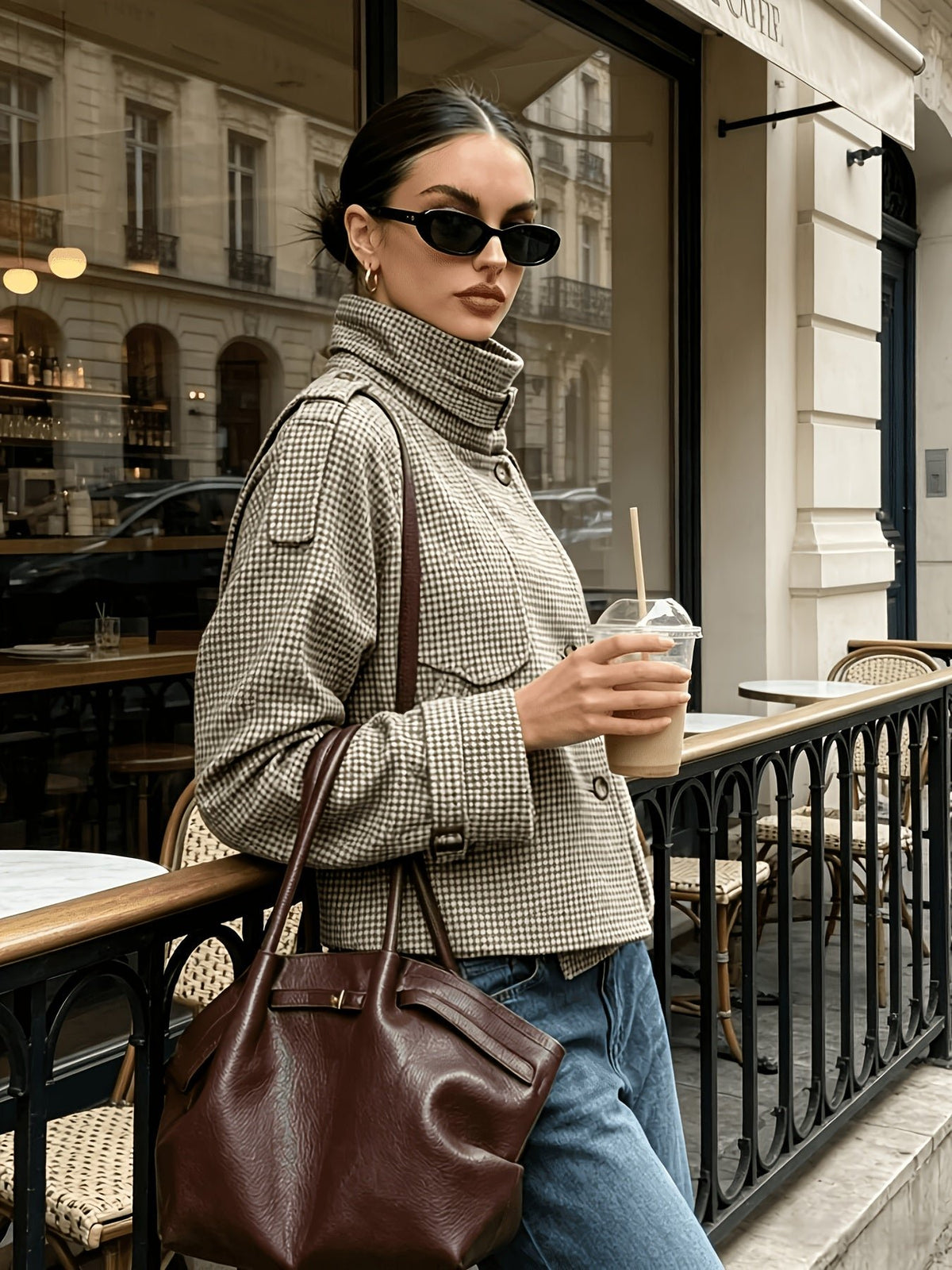 Women's Elegant Houndstooth Stand-Collar Cropped Jacket