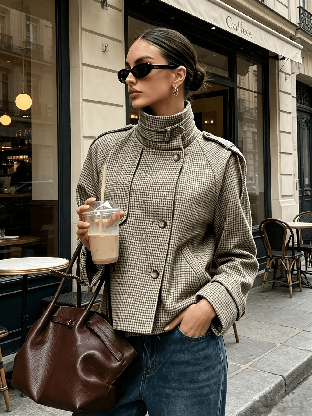Women's Elegant Houndstooth Stand-Collar Cropped Jacket