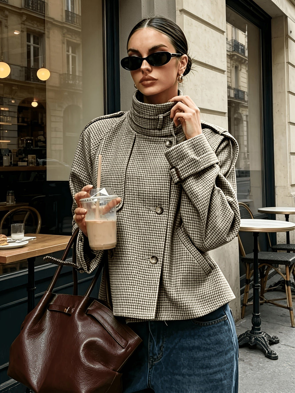 Women's Elegant Houndstooth Stand-Collar Cropped Jacket