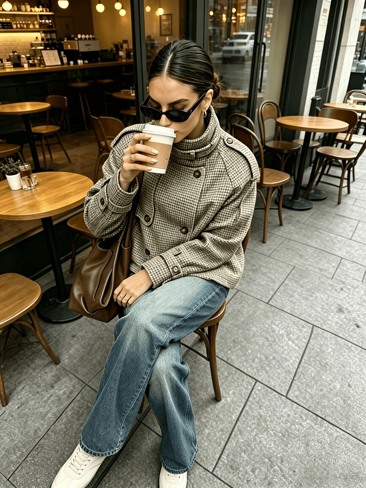 Women's Elegant Houndstooth Stand-Collar Cropped Jacket