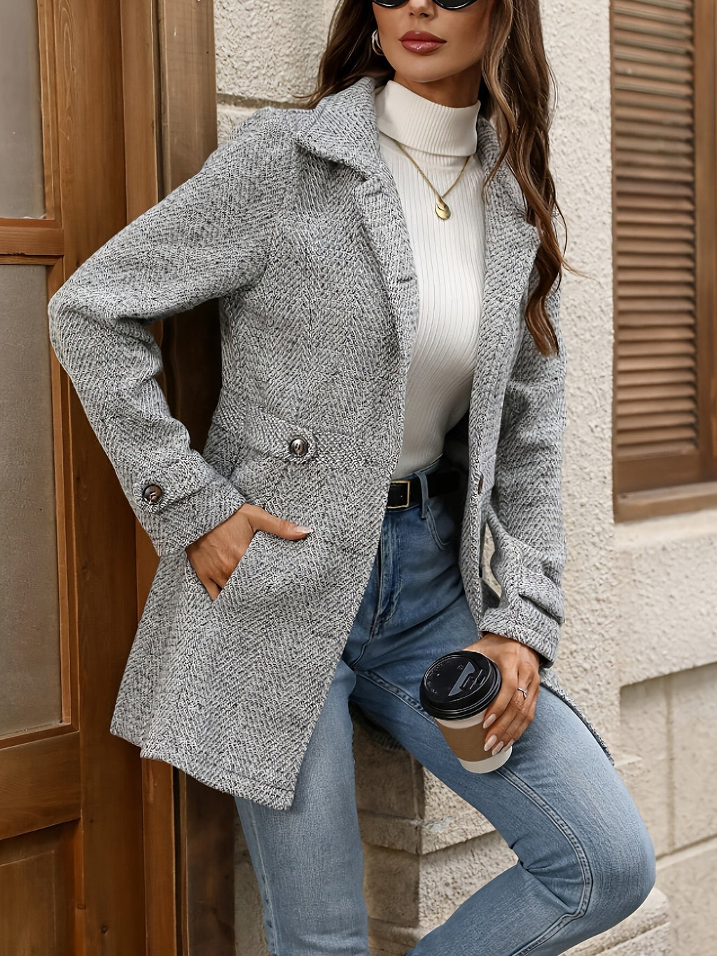 Women's Elegant Herringbone Waist-Defined Coat