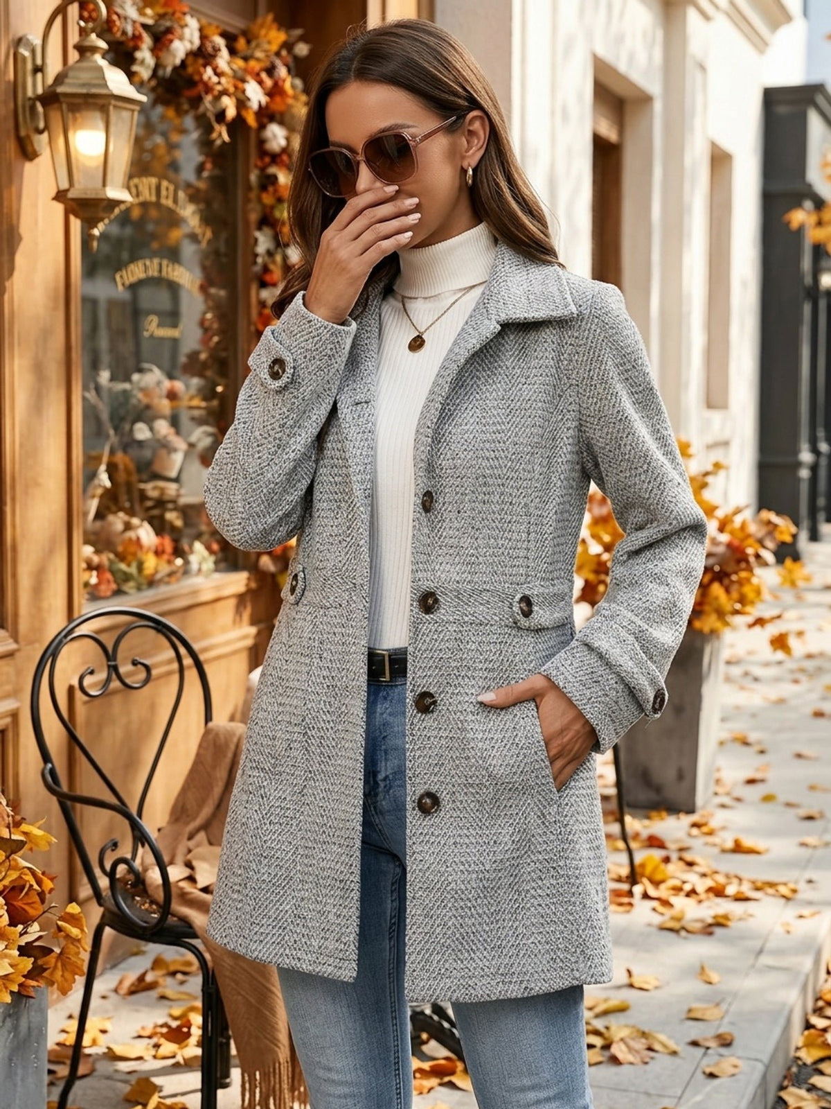 Women's Elegant Herringbone Waist-Defined Coat