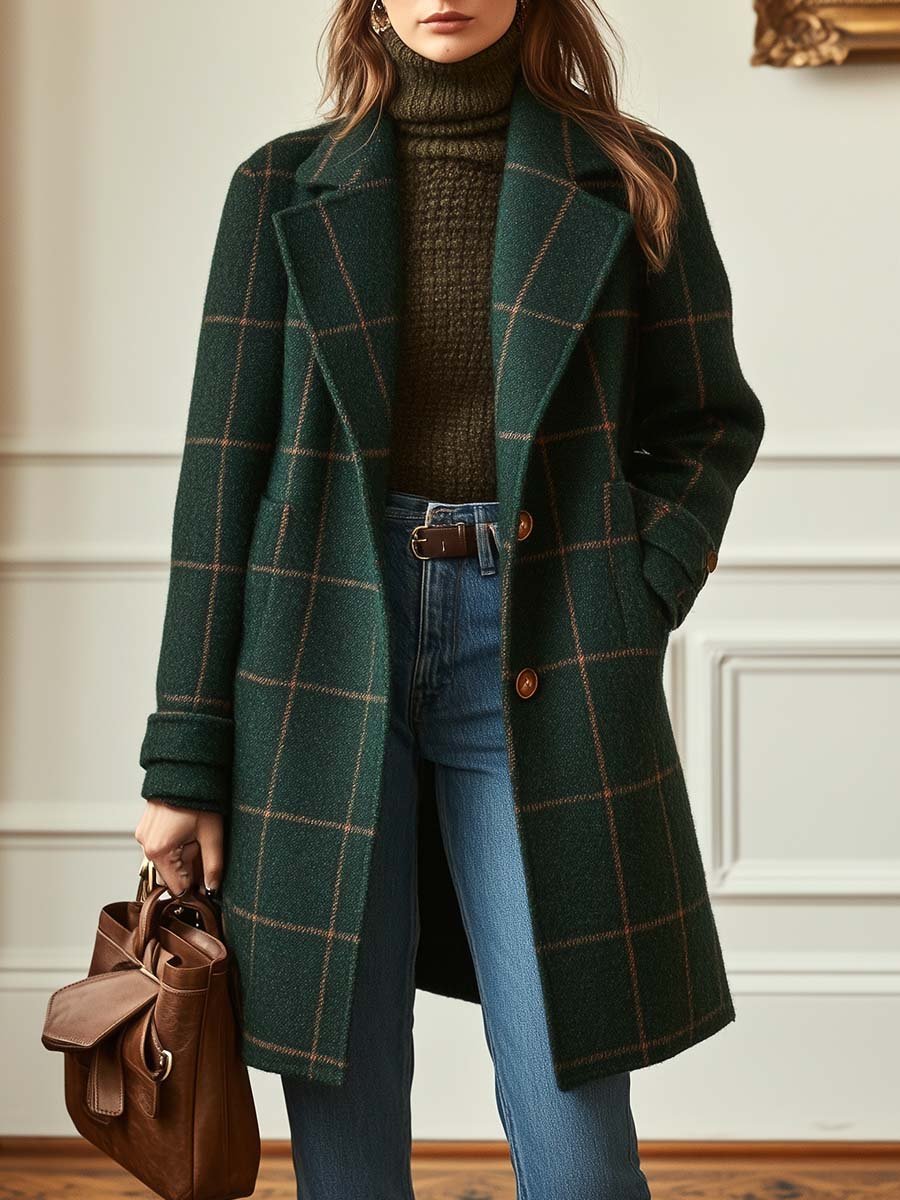Women's Elegant Check Wool-Blend Coat