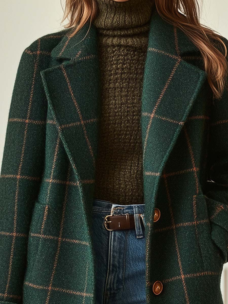 Women's Elegant Check Wool-Blend Coat