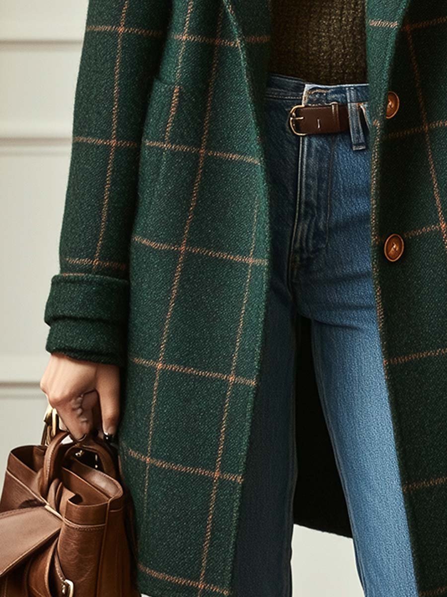 Women's Elegant Check Wool-Blend Coat