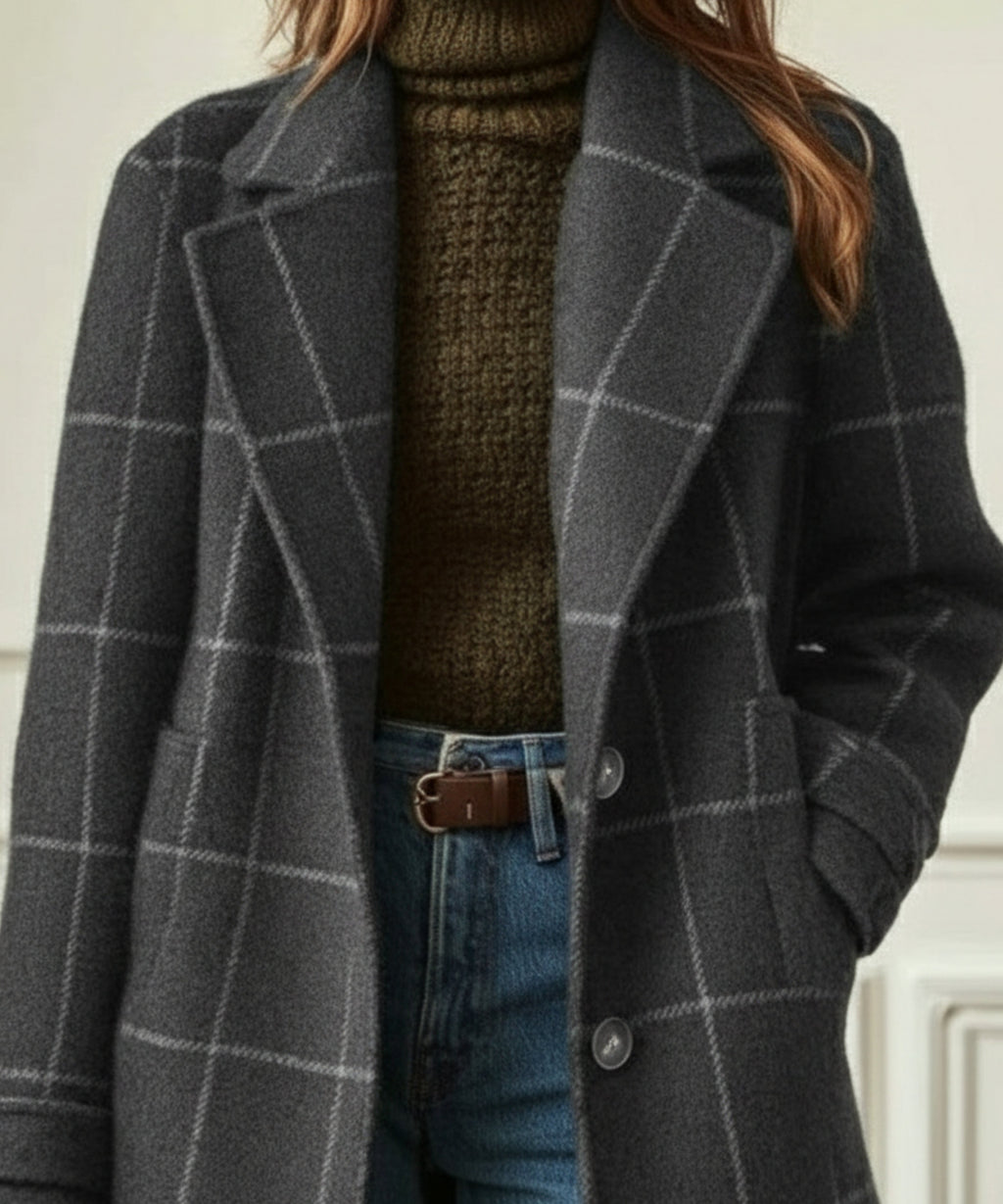 Women's Elegant Check Wool-Blend Coat