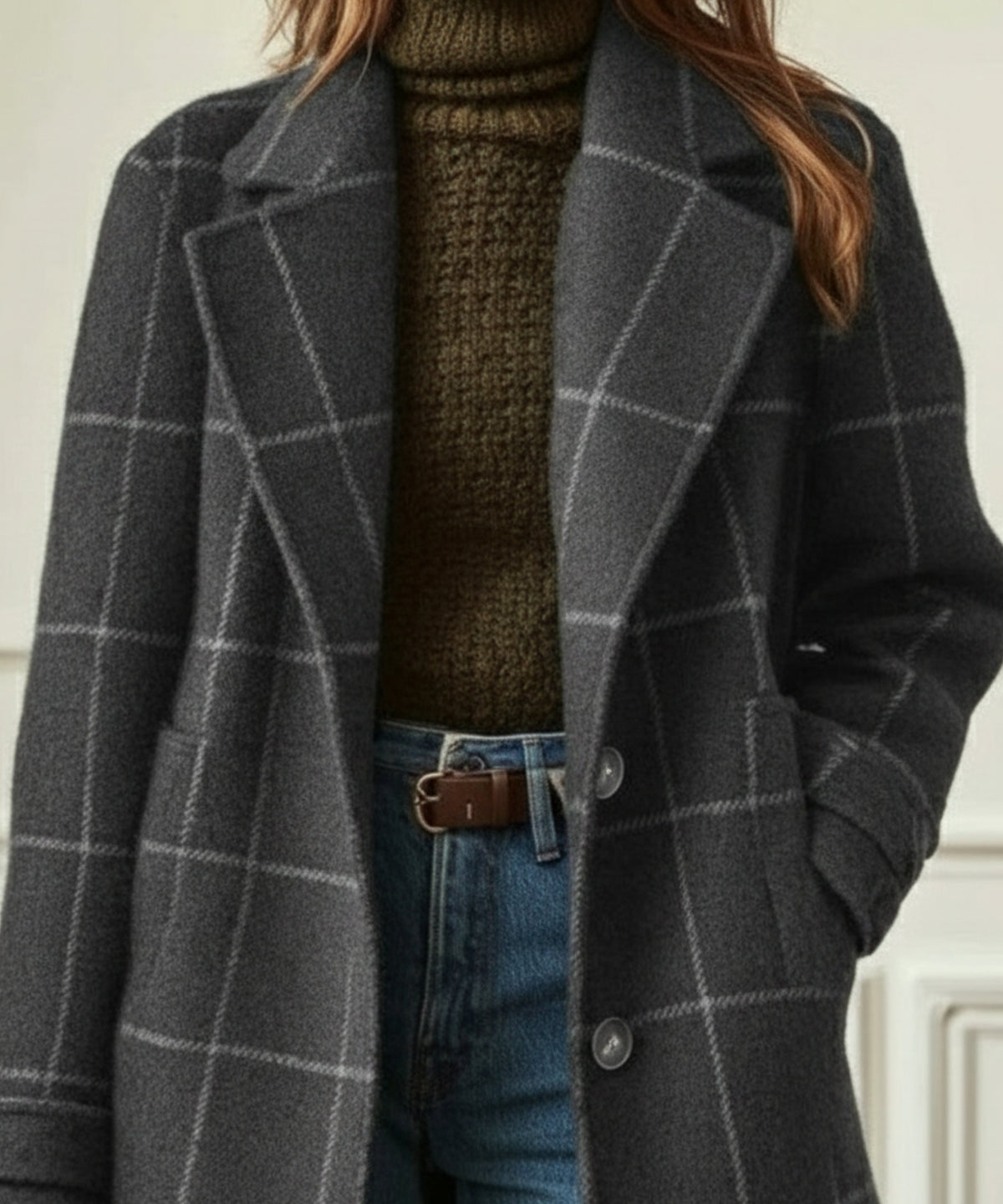 Women's Elegant Check Wool-Blend Coat