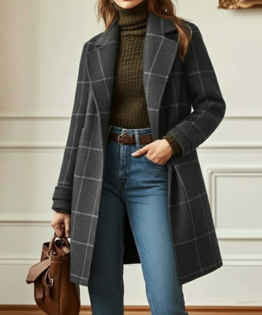 Women's Elegant Check Wool-Blend Coat