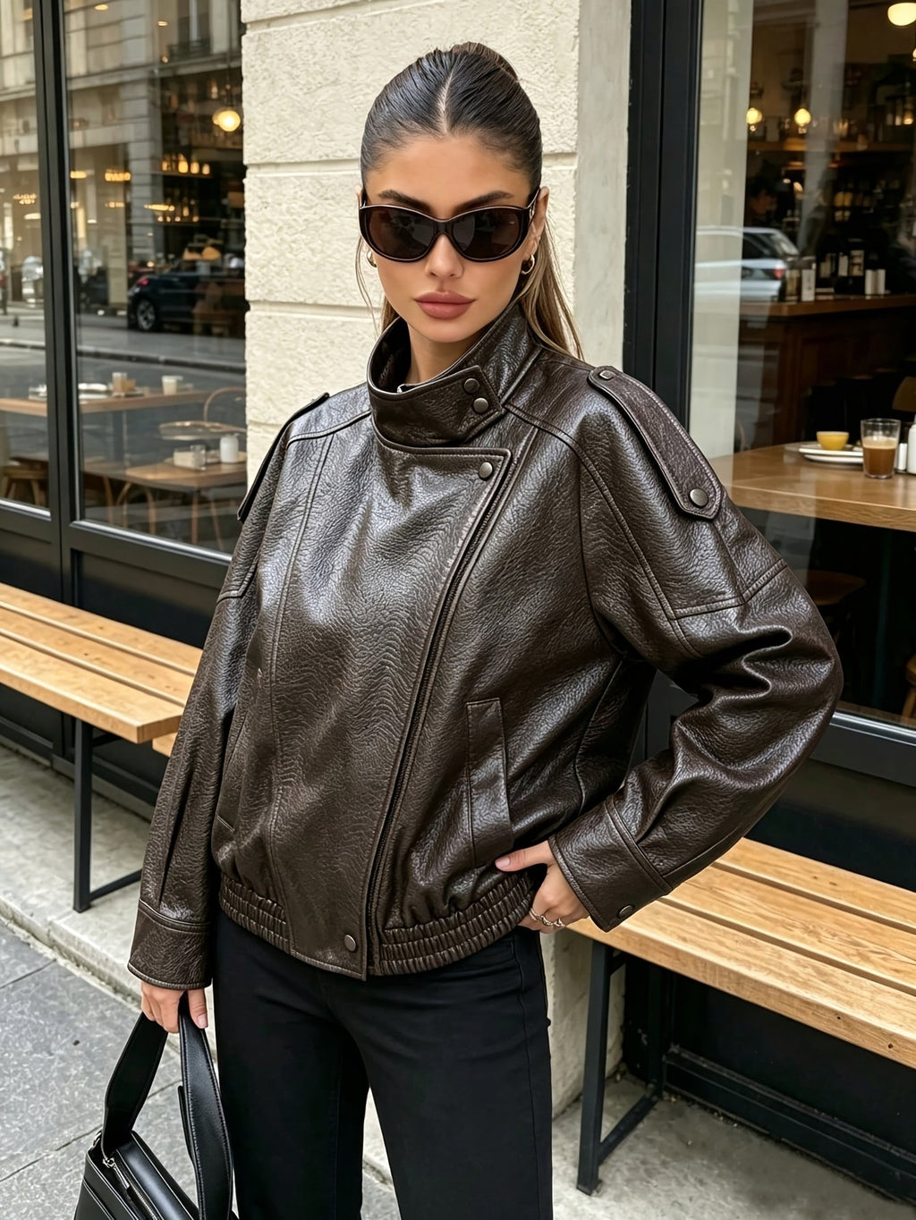 Women's Sophisticated Oversized Faux Leather Biker Jacket