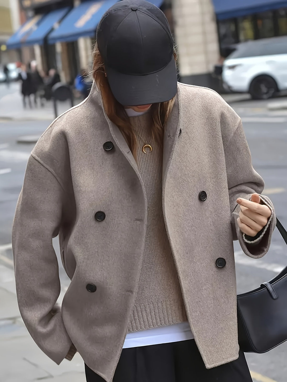Women's Relaxed Oversized Tweed Double-Breasted Coat