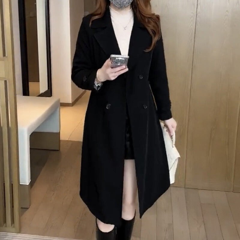 Women's Elegant Double-Breasted Wool Trench Coat