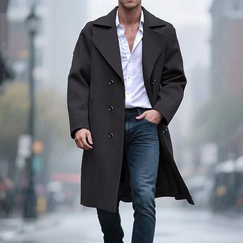 Men's Sophisticated Double-Breasted Long Overcoat