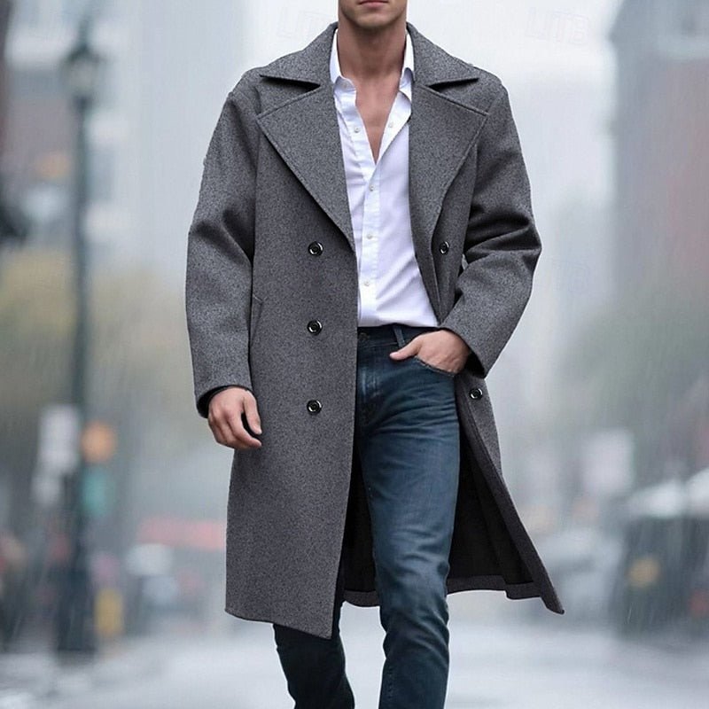 Men's Sophisticated Double-Breasted Long Overcoat