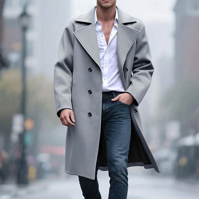 Men's Sophisticated Double-Breasted Long Overcoat