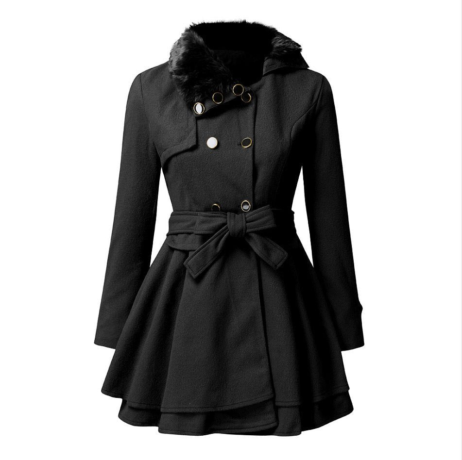 Women's Elegant Faux Fur Collar Belted Coat