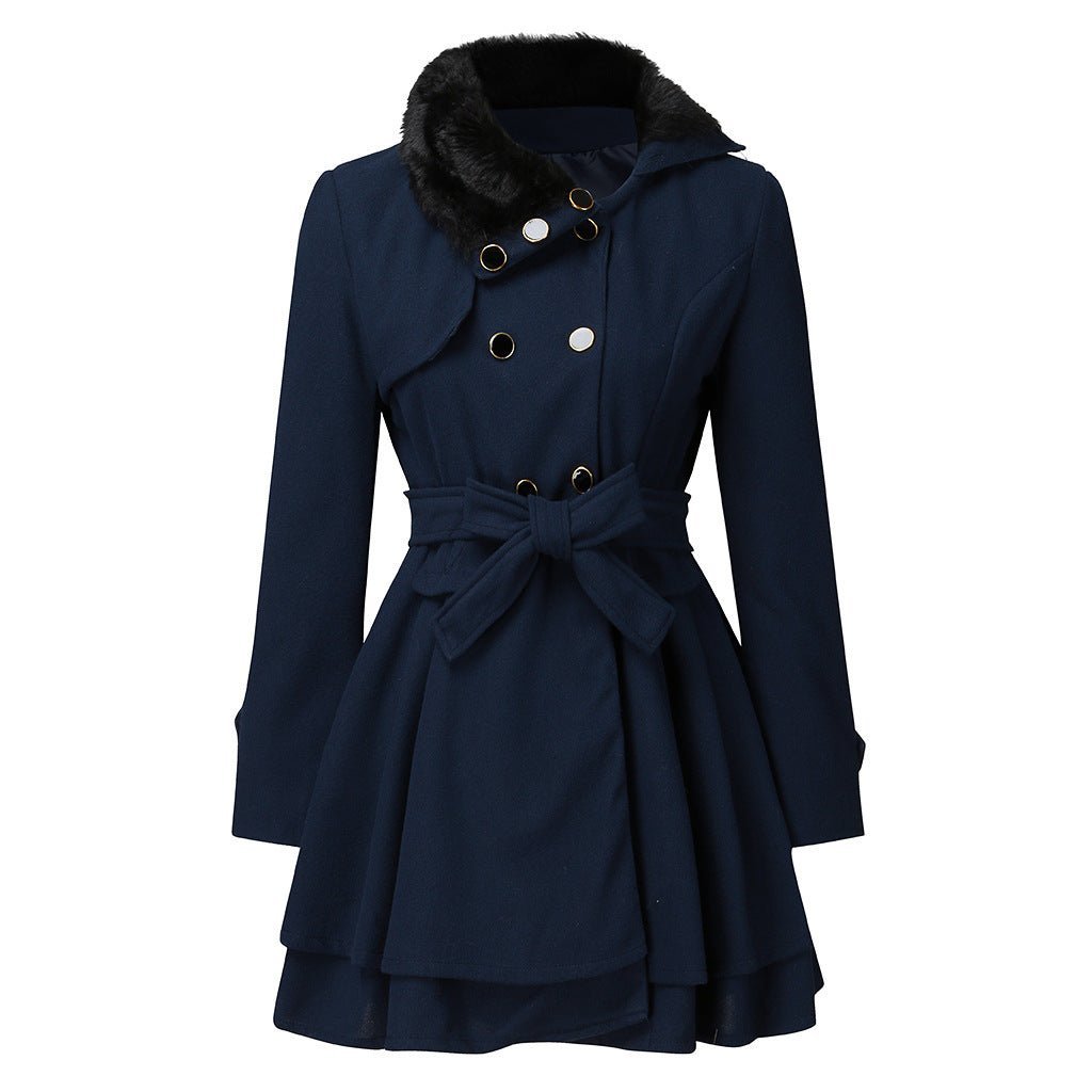 Women's Elegant Faux Fur Collar Belted Coat