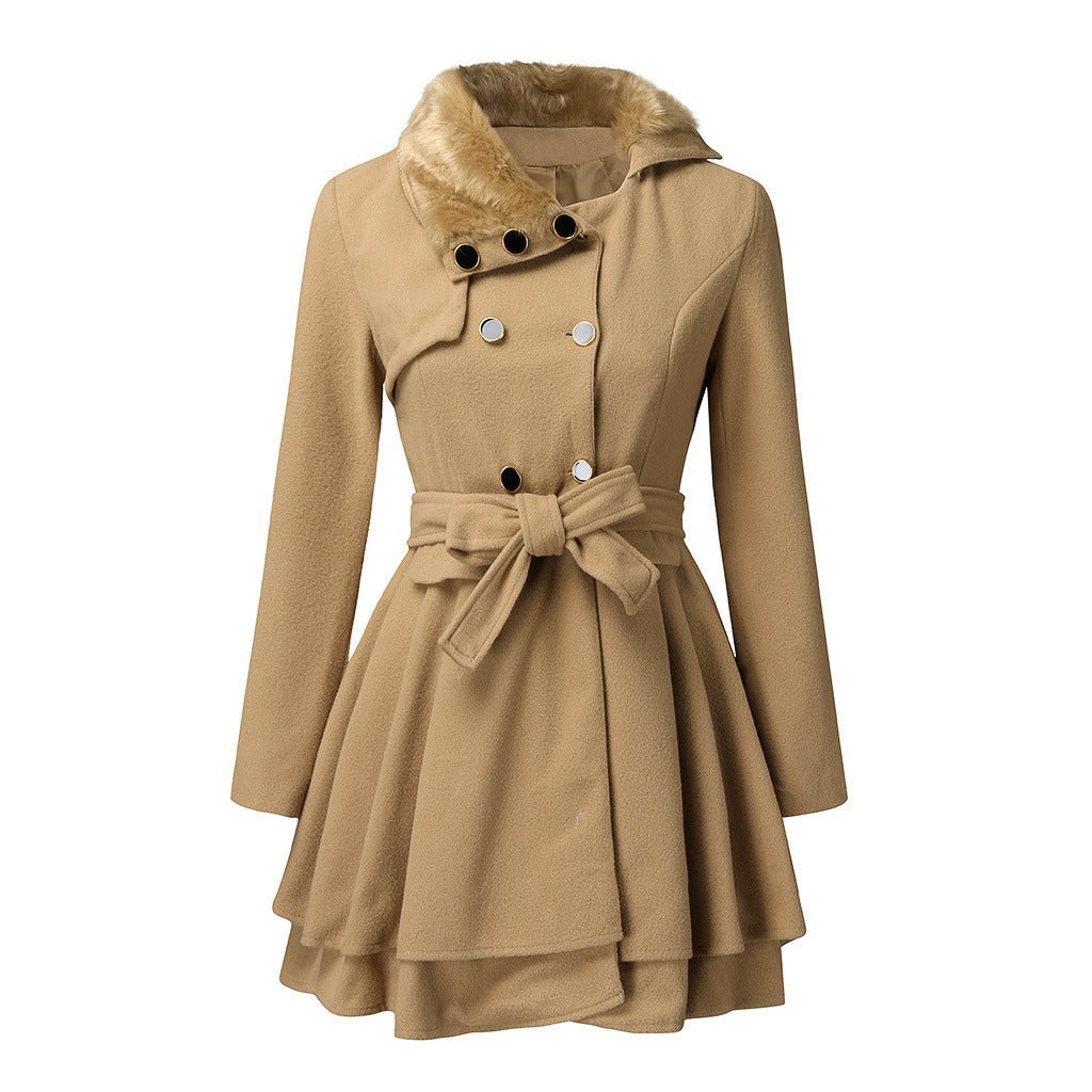 Women's Elegant Faux Fur Collar Belted Coat