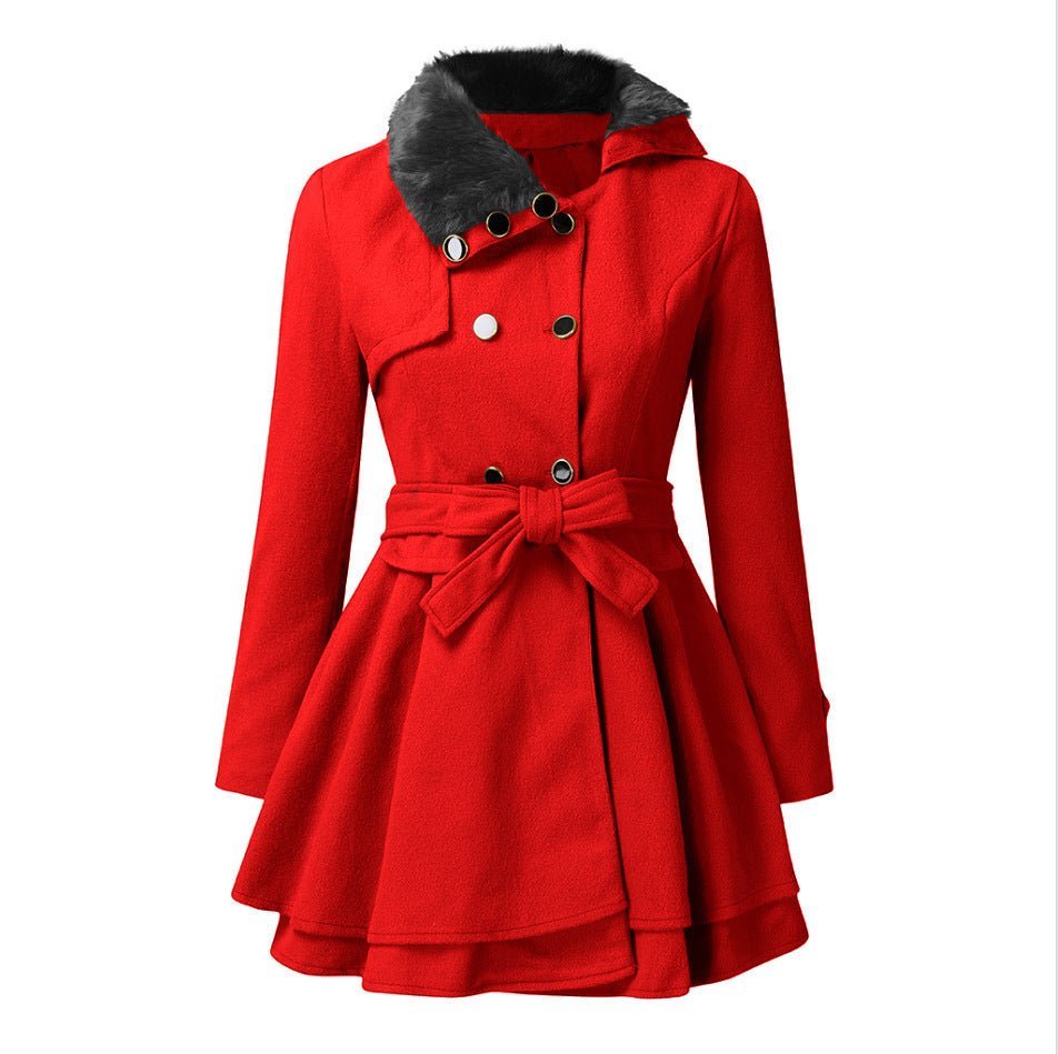 Women's Elegant Faux Fur Collar Belted Coat