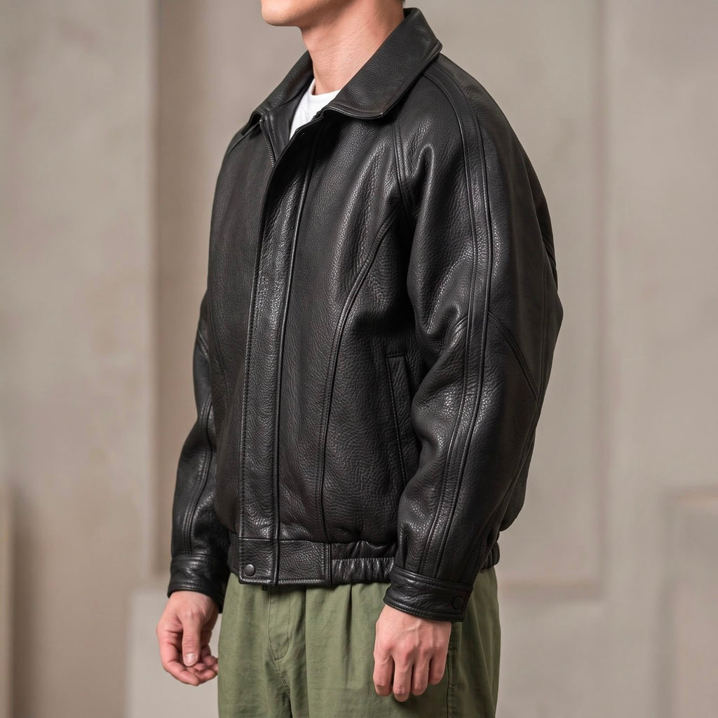 Men's Classic Leather Zip Bomber Jacket