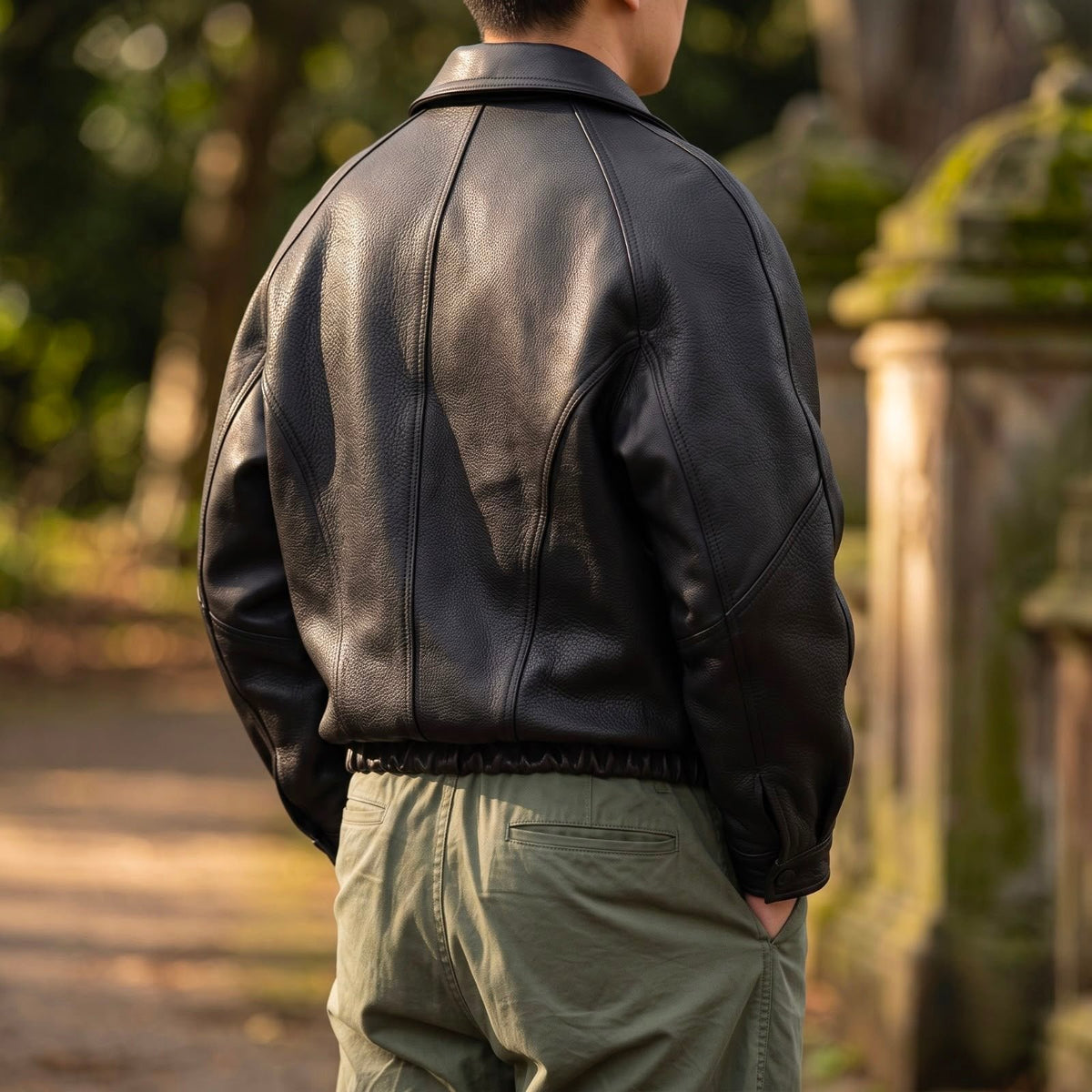 Men's Classic Leather Zip Bomber Jacket
